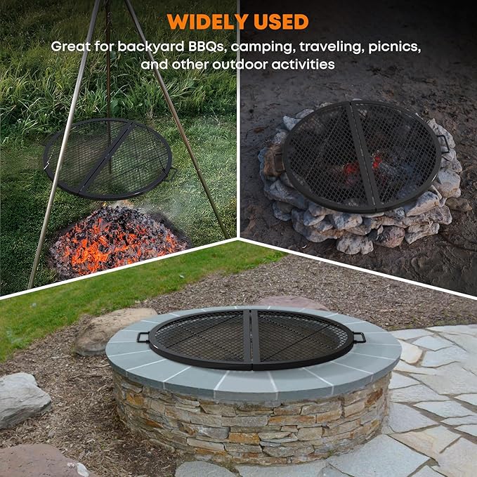 Stanbroil X-Marks Fire Pit Cooking Grate, Foldable Round Grill Grate with Handles, 30 Inch Portable Outdoor Campfire BBQ Grill, Black