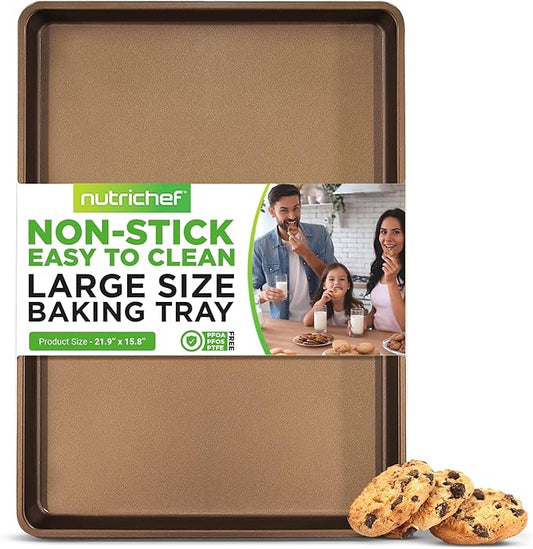 NutriChef Nonstick XL Cookie Sheet Baking Pan - Extra Large 22" x 16" Carbon Steel Oven Baking Sheet for Pastries, Desserts, & More - Dishwasher Safe, Gold