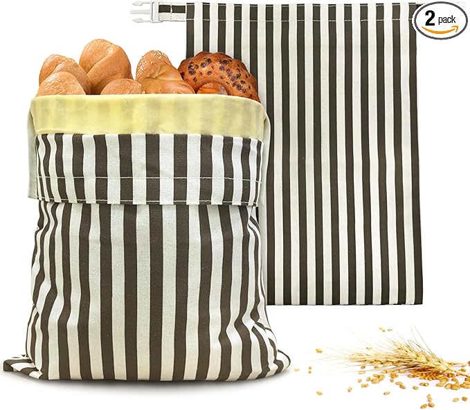 Mosucoirl Beeswax Bread Bags 2 Pack, Reusable Bread Storage Boxes for Homemade Sourdough, Cotton Food Bags Loaf Containers to Keep Fresh Large (Striped Grid)