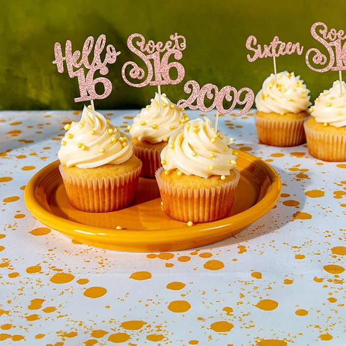 Gyufise 24pcs 16th Birthday Cupcake Toppers - Rose Gold Glitter Hello Sweet 16 Cupcake Picks - 2009 16th Birthday Cake Decorations for Anniversary Party Supplies