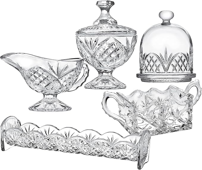 Godinger Serving Hostess Set - Butter Dish, Sugar and Creamer, Packet Holder, Cracker Tray - 5 Piece Set, Dublin Collection