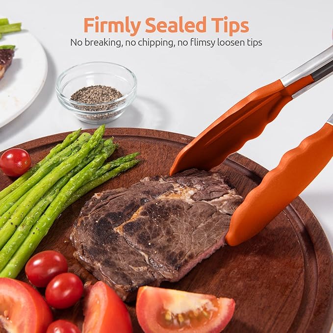 600ºF Heat Resistant Kitchen Tongs: U-Taste 9 inch Silicone Cooking Tong with Firm Sealed Non Stick Rubber Tips & Silicon Coated 18/8 Stainless Steel Handle & Smooth Locking for Serving Grill (Orange)