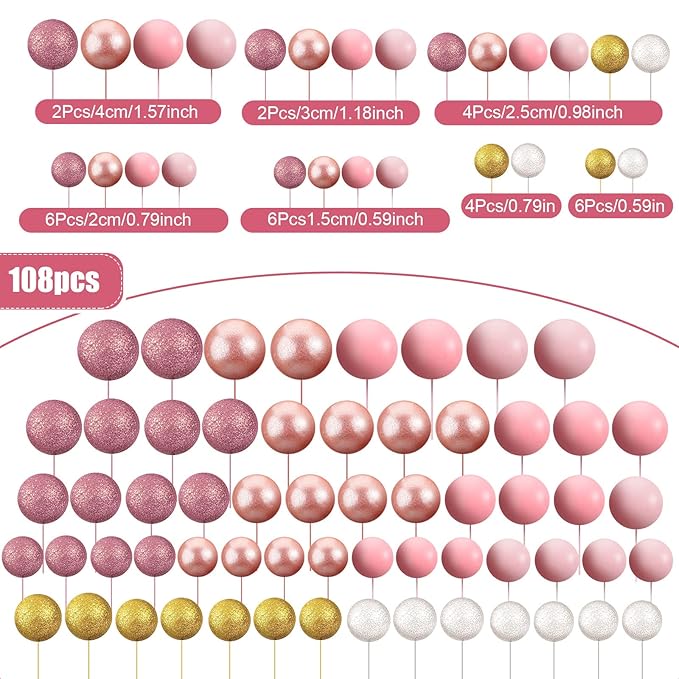 108 Pcs Balls Cake Topper DIY Cupcake Insert Foam Balloons for Cake Baking Wedding Anniversary Birthday Decoration(Assorted Pink, White, Gold,Multi Sizes)