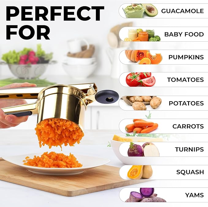 Zulay Kitchen Premium Large 15oz Potato Ricer, Heavy Duty Professional Stainless Steel Potato Masher and Ricer Kitchen Tool, Press and Mash Kitchen Gadget - Gold/Black