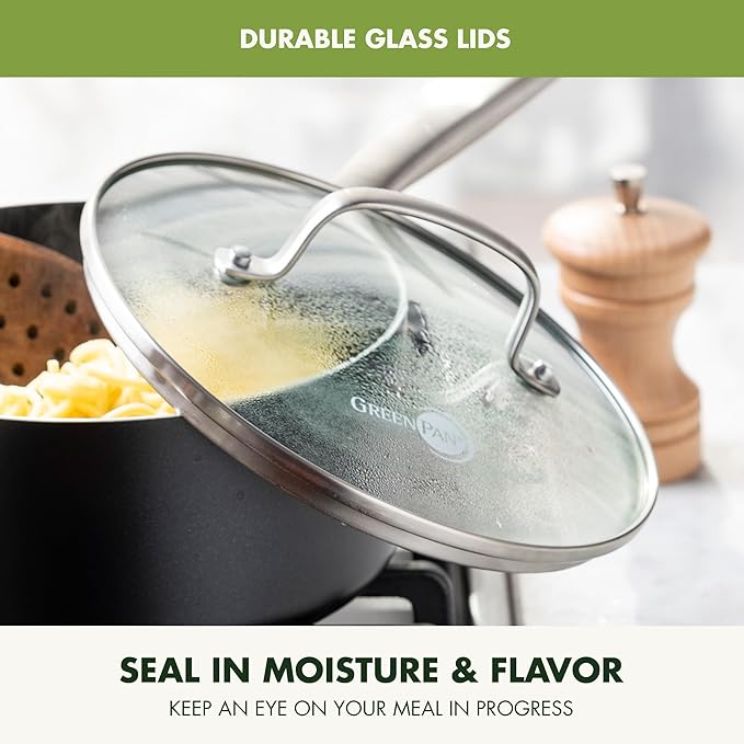 GreenPan Prime Chatham 1QT & 2QT Saucepan Pot Set with Glass Lids, Hard Anodized Diamond Infused Ceramic Nonstick, PFAS-Free, Dishwasher Safe, Oven Safe, Multipurpose Chefs Pan, Stay-Cool Handle,Black