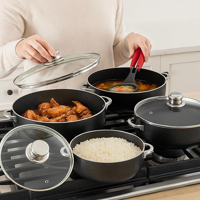 Alpine Cuisine 8-Piece Nonstick Aluminum Caldero Cookware Set with Glass Lids | Durable Pots for Stew & Rice, Easy Clean, 2, 3.5, 7, 13 Quart, Black