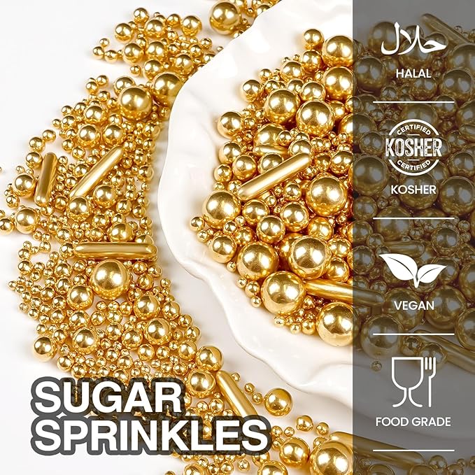Gold Pearl Rods Sprinkles for Cake Decorating, Edible Sugar Pearls Rods Candy, 150g/5.29oz, Mix Size Cake Topper Donuts Cupcake Cookie Dessert Decorations, Holiday, Wedding Party, Easter Supplies