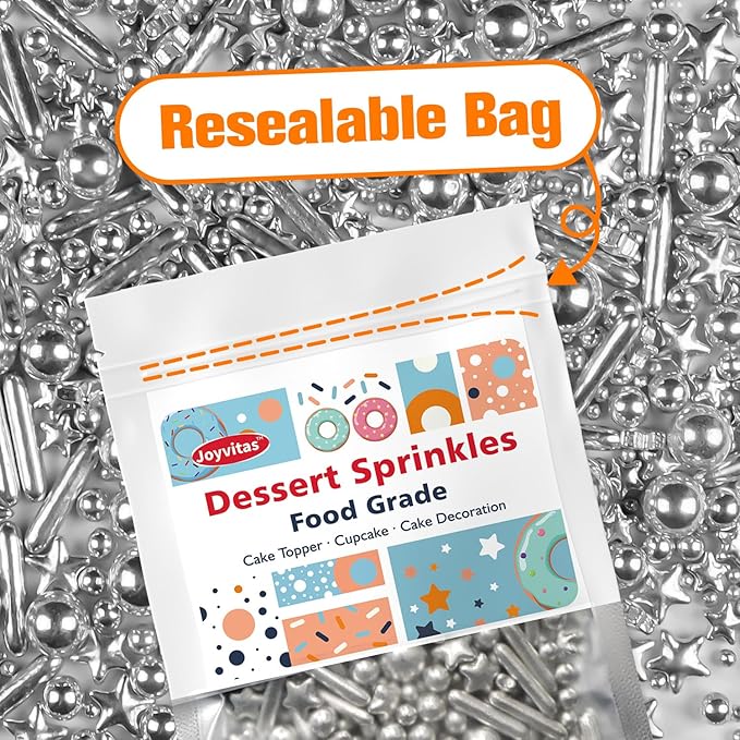 Silver Pearl Rods Star Sugar Sprinkles, Silver Sprinkles for Cake, Edible Pearls Baking Candy, 150g/5.29oz Mix Size, Cupcake Decoration, Wedding Party Supplies