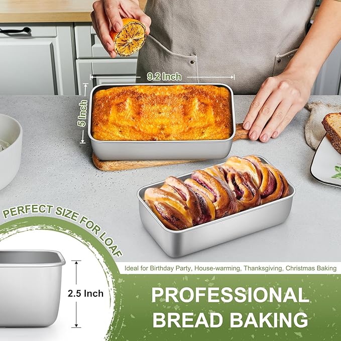 P&P CHEF Loaf Pan Set, 9 x 5 Inch Bread Pans, Stainless Steel Loaf Toast Baking Pans For Bread Meatloaf Lasagna Cake, Healthy & Non Toxic, Oven & Dishwasher Safe,(Silver, 2Pcs)