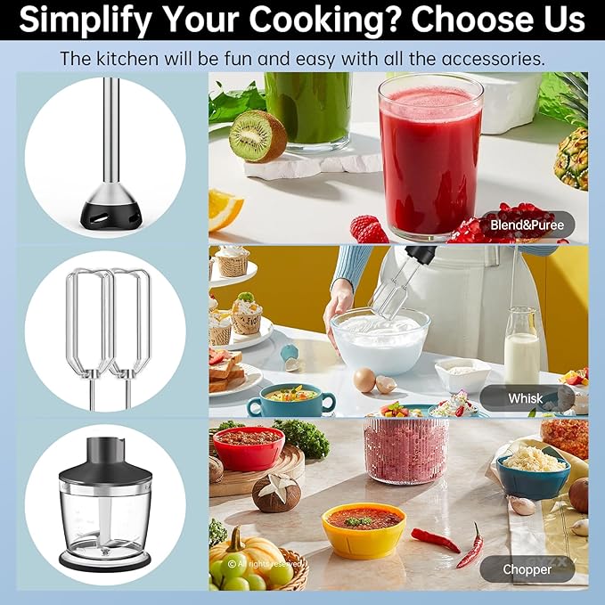 Immersion Blender 1000 Watts Scratch Resistant Hand Blender,20 Speed and Turbo Mode Hand Mixer, 3-in-1 Heavy Duty Copper Motor Stainless Steel Smart Stick with Egg Beaters and Chopper