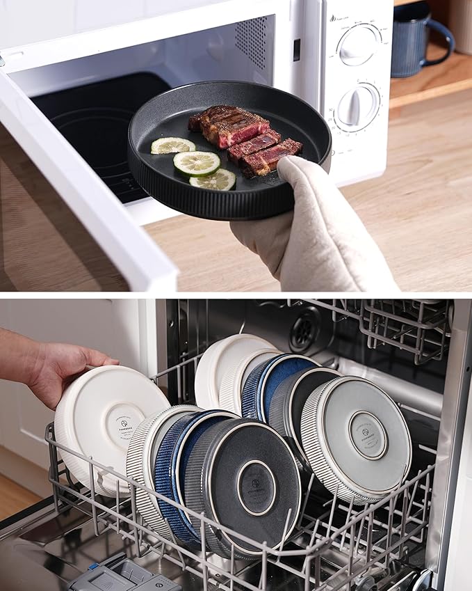 famiware Star 7.5" Pasta Bowls Set, Salad Bowl Set of 6, Double Reactive Glaze, Stackable, Perfect for Your Friend for Housewarming, Thanksgiving, Christmas, Matte Dark Charcoal (Full Glaze)