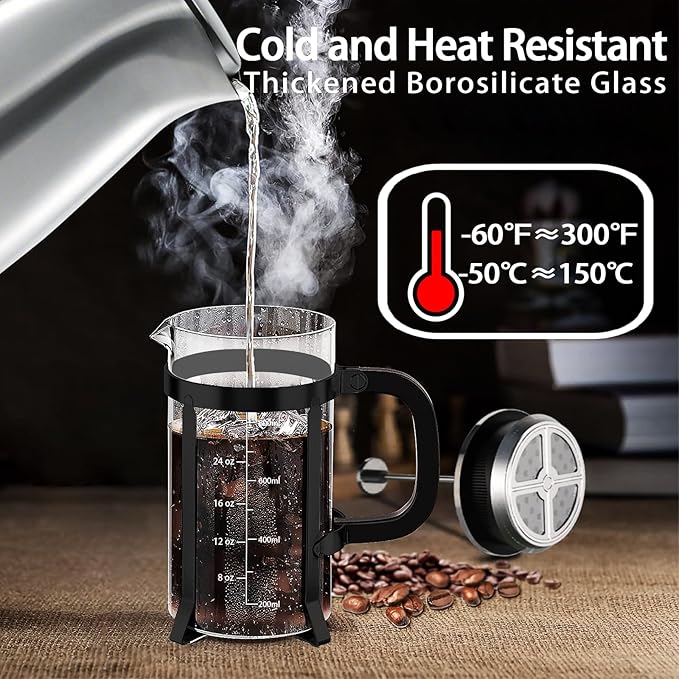 French Press Coffee Maker 304 Stainless Steel Coffee Press,with 4 Filters System, Heat Resistant Thickness Borosilicate French Press Glass, BPA-Free Brewed Tea Pot Coffee Plunger(Copper 12oz)