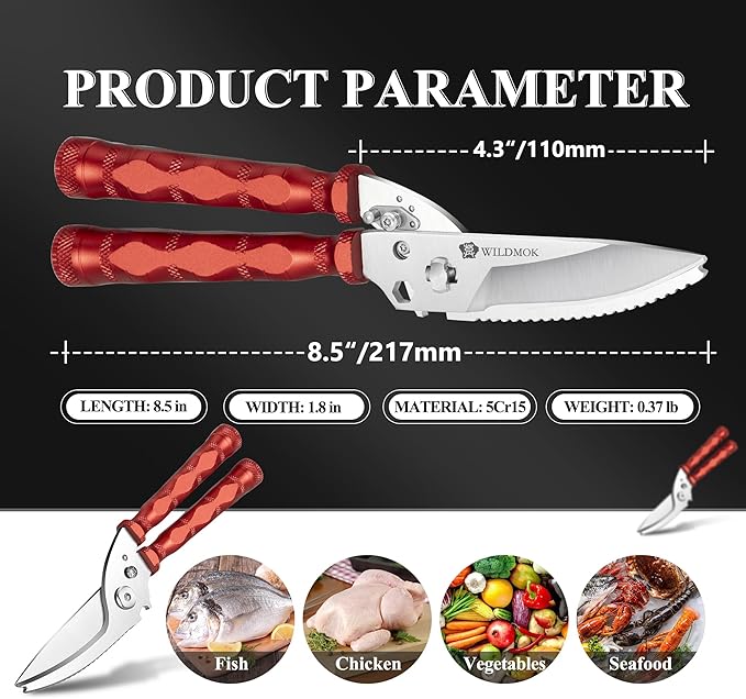 WILDMOK Heavy Duty Poultry Shears - 8.5 Inch Multi-function Stainless Steel Poultry Outdoor Shears, Ultra Sharp Kitchen Scissors for Outdoor Camp, Red