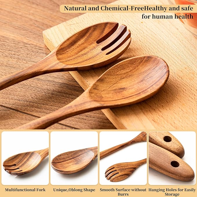 Gudamaye Acacia Wooden Salad Server Set,13 inch Salad Tongs for Serving including Salad Mixing Dinner Fork and Spoon,Long Handle Salad Server Set