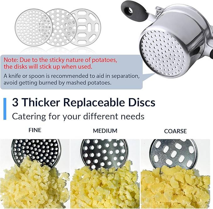 Potato Ricer, Ricer for Mashed Potatoes, 3 Interchangeable Discs Potato Masher Stainless Steel for Fluffy Mashed Potatoes, Heavy Duty Spaetzle Maker with Silicone Handle, for Gnocchi Spaghetti