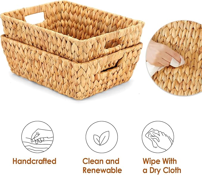 Water Hyacinth Wicker Baskets 2 Pack, Large Storage Basket With Handles for Organizing, Handmade Natural