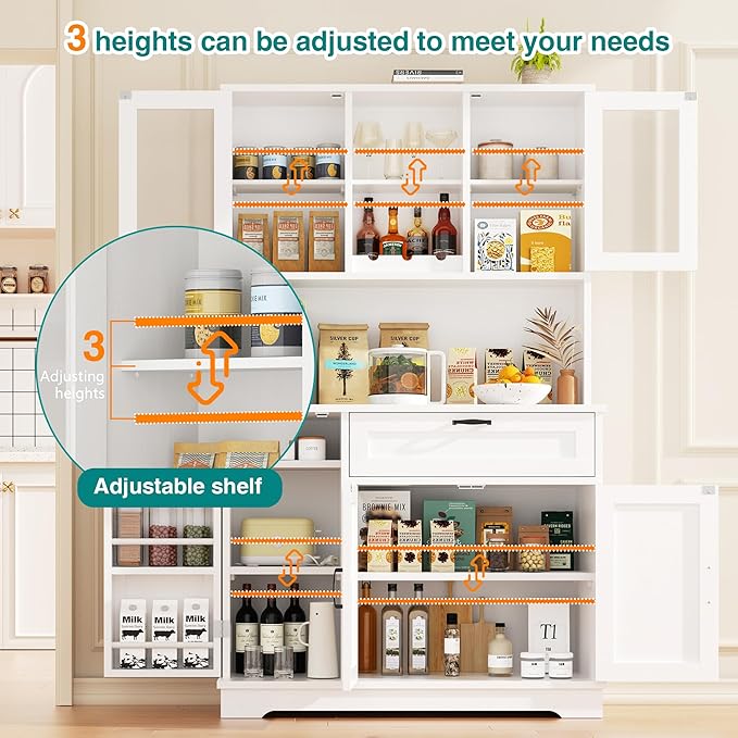 Vongrasig Tall Pantry Cabinet, Kitchen Pantry Storage Cabinet with Microwave Stand,Farmhouse Kitchen Hutch with Adjustable Shelves for Living Room, Dining Room, White