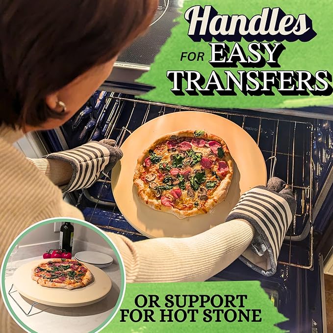 16 inch Round Pizza Stone for Oven - Large Pizza Stone for Grill with Handles and Dough Tool - Round Baking Stone for Bread - Pizza Making Accessories - Cooking Gifts for Food Lovers