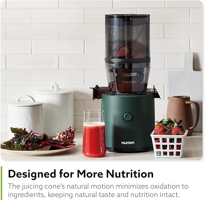 Hurom H320 Cold Press Juicer Machine, Easy to Clean Masticating Slow Juicer, Coarse Strainers, Self-Feeding, Hands Free, Family Size, Quiet Motor, Easy Assembly (Kale/Dark Green)