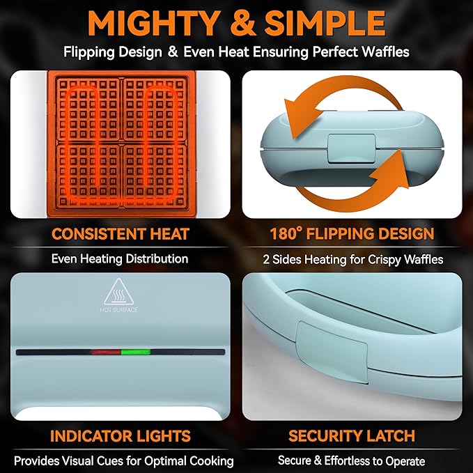 Baker's Friend Multi Shapes Waffle Iron, Combo of Mini & Classic Waffle Makers, Belgian & Chaffle Maker, 2 Silicone Molds, Aqua