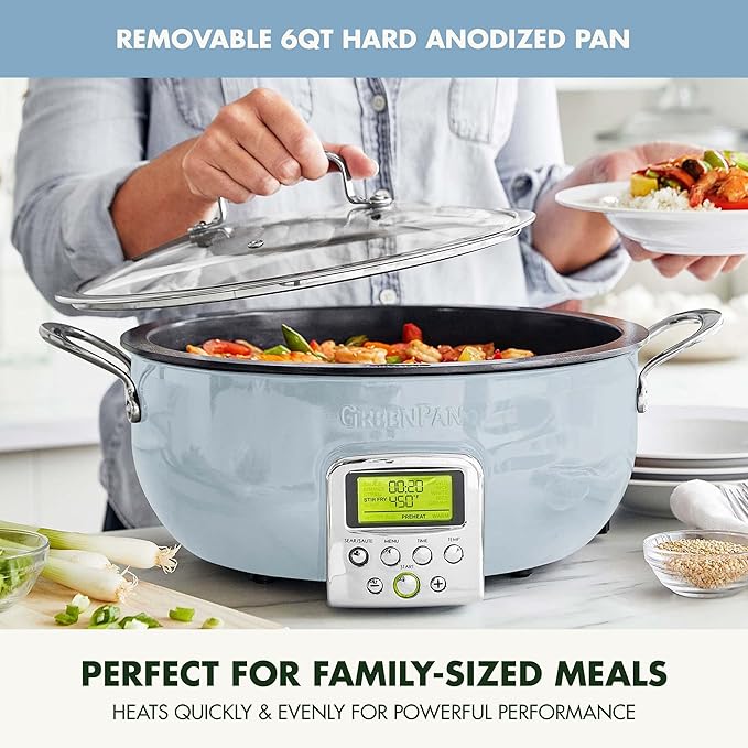 GreenPan Elite Essential Smart Electric 6QT Skillet Pot,Sear Saute Stir-Fry and Cook Rice, Healthy Ceramic Nonstick and Dishwasher Safe Parts, Easy-to-use LED Display, PFAS-Free, Blue Haze
