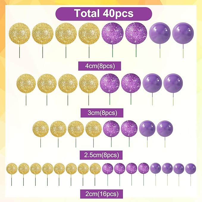 BEISHIDA 40 Pcs Ball Cake Toppers Mini Balls Cake Decorations Purple Gold Foam Balls DIY Cake Topper for Baking Congrats Grade 2025 Graduation Birthday Mardi Gras Lakers Decorations (Purple Gold)