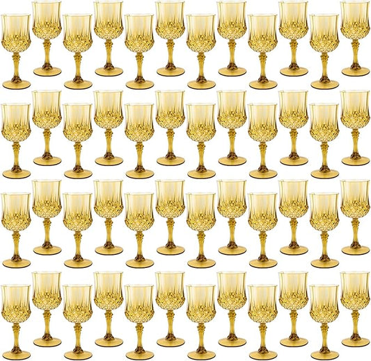 Plastic Wine Glasses，Plastic Goblets Vintage Style Cordial Drinking Glasses for Wedding Reception, Grand Event Party Supplies (48, Gold)