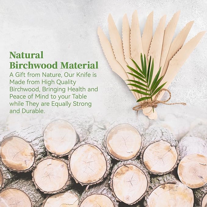 ECOLipak 300 Count Disposable Wooden Knives, Wooden Compostable Disposable Knives for Party, Camping, Traveling, Family Dinners