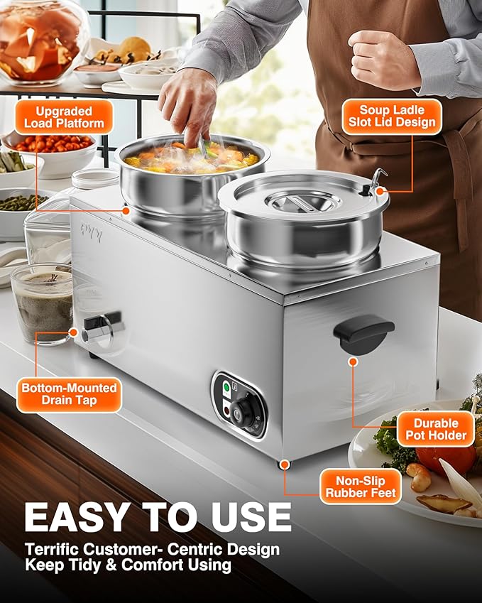 PYY Soup Warmer Commercial - Two 7.4QT Stainless Steel Bain Marie Round Pot 86~185°F Adjustable Temp, 1500W Electric Soup Warmer Countertop with Anti-Dry Burn and Reset Button for Restaurant, Buffet