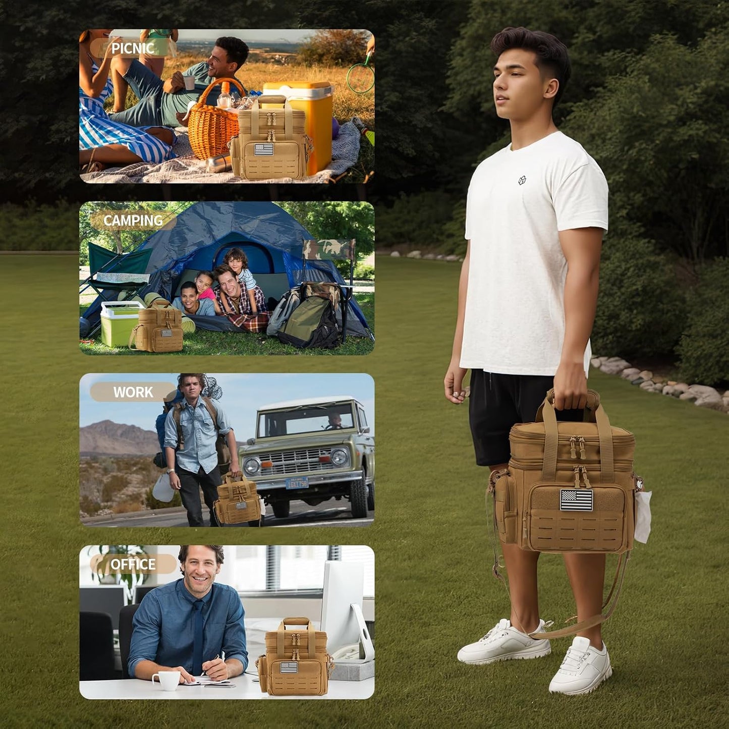 QT&QY Tactical Lunch Box for Men Expandable 18L Heavy Duty Military Insulated Cooler Bag, Leakproof Thermal Lunch Bag for Work Camping Outdoor Picnic Pail Adult Meal MOLLE Webbing Khaki