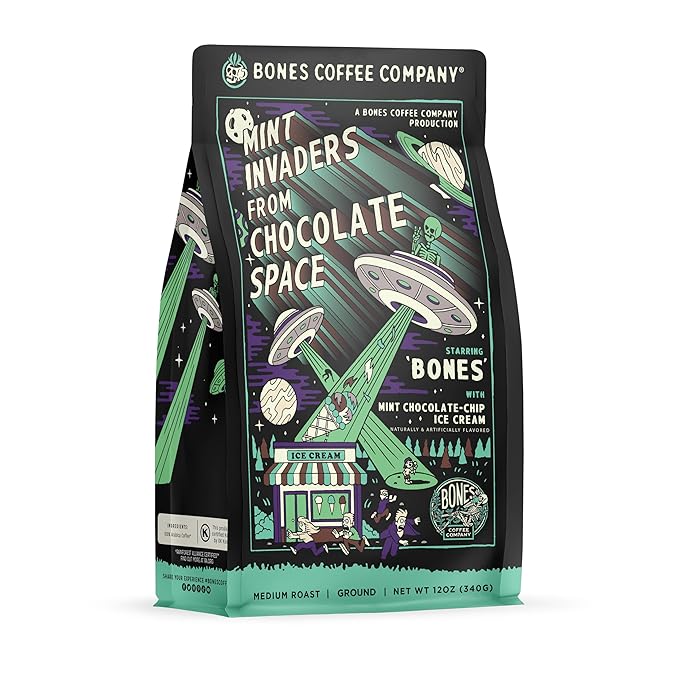 Bones Coffee Company Mint Invaders, Mint Chocolate Chip Flavored Coffee, Medium Roast Low Acid Arabica Beans Compatible with Auto drip and French Press Coffee Maker, 12 Oz Ground