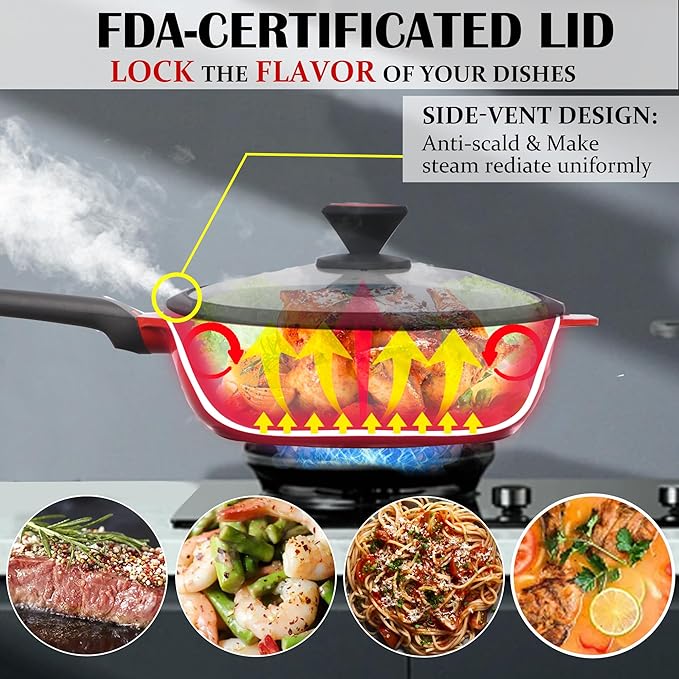 DIIG Nonstick Deep Frying Pan Skillet with Lid, 12 inch/ 5.5 QT Saute Pan with Silicone Spatula, Sauce Cookware Cooking Chef Pans, Cast Aluminum Induction Compatible, Ruby Red