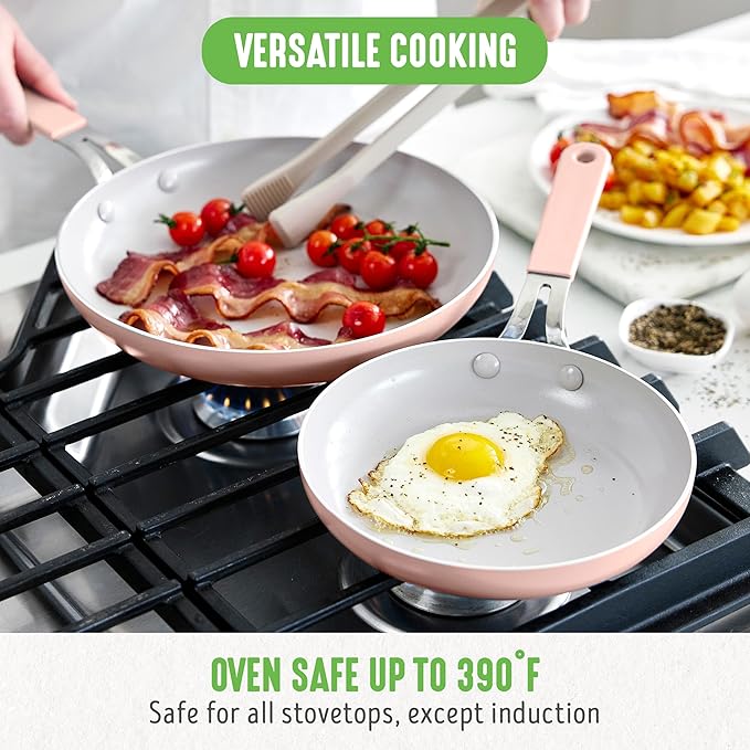 GreenLife 8” & 10” 2 Piece Nonstick Ceramic Frying Pan Set, Lightweight Healthy PFAS-Free Skillets, Dishwasher & Oven Safe, Durable Body, Silicone Stay-Cool Handles, Easy Release, Pink