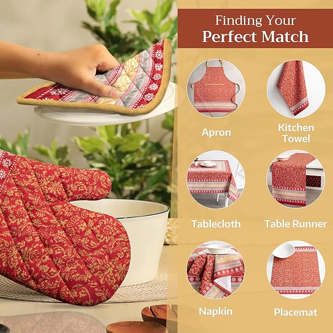 Maison d' Hermine Oven Gloves 100% Cotton Oven Mitt 7" x 13" with Loop Heat Resistant, BBQ, Cooking Gloves, Baking, Grilling, Kitchen, Handling Hot Pans (Pack of 1, Sofia)