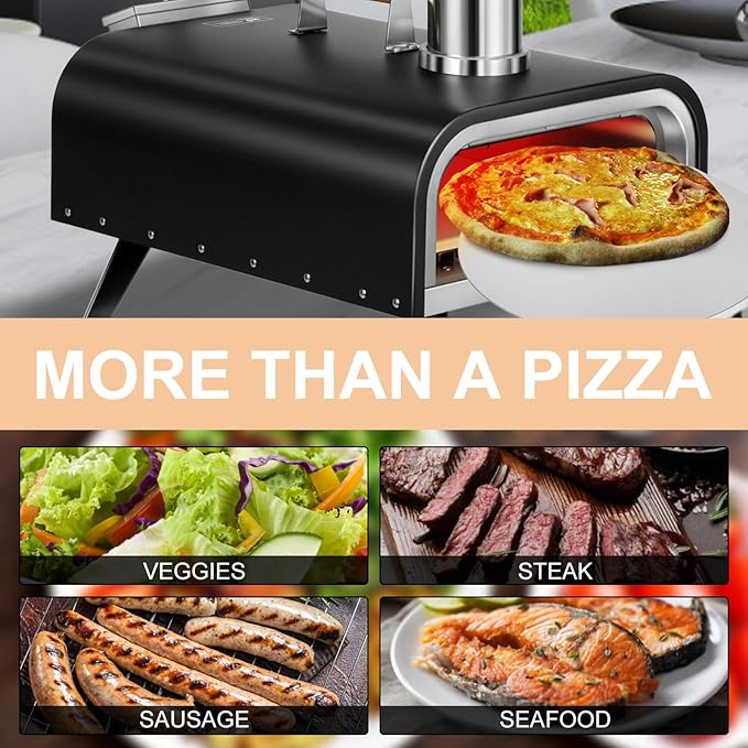 EDOSTORY Outdoor Wood Fired Gas 12'' Pizza Oven Multi-Fuel, Gas Burner, Wood Tray, Portable, Oven Grill, Outside, Backyard, Pizza Maker, oven gloves, Peel, Cutter (Gas Fire)