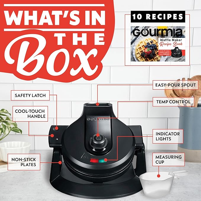 Gourmia GWM468 Dual Pour Waffle Maker with Easy Pour Spout + Horizontal Pour, Angled Cooking, 5 Shade Settings, and Indicator Lights - Recipe Book Included