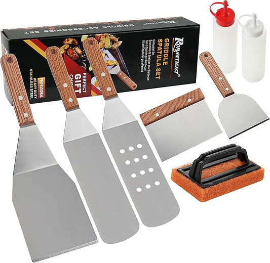 ROMANTICIST 8pcs Professional Griddle Accessories Kit - Heavy Duty Stainless Steel Grill Spatula Set for Grill Griddle Hibachi Flat Top Outdoor Cooking - Great Grill Gift on Birthday Wedding