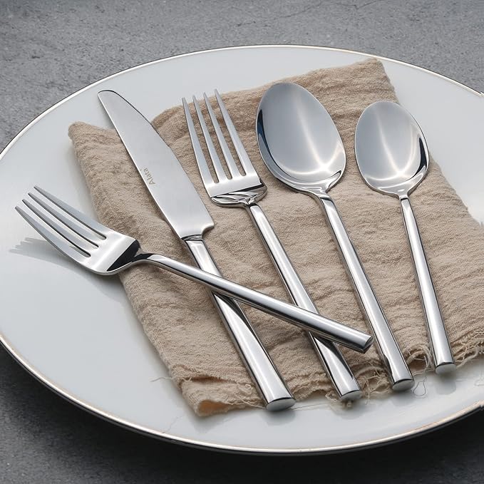 Alata Potter 40-Piece Forged Silverware Set Stainless Steel Flatware Set Cutlery Set, Service for 8, Mirror Finish, Dishwasher Safe