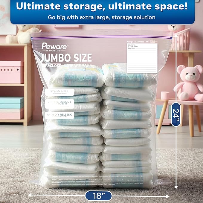 Large Storage Bags, 18"x24" Jumbo Plastic Bag, BPA Free, 5 Gallon XL Zipper Lock Baggies for Clothes Pillow Travel Moving - 50 Jumbo Bags