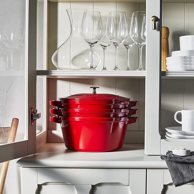 STAUB Cast Iron Set 4-pc, Stackable Space-Saving Cookware Set, Dutch Oven, Skillet, Grill Pan with Universal Lid, Made in France, Cherry