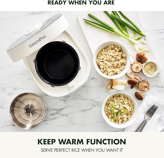 GreenPan Rice Cooker, 8 Cups Cooked (4 Uncooked), Low-Carb & Soup Mode,10 ONE-TOUCH Cooking Presets, PFAS-Free Ceramic Steamer Basket, Fuzzy Logic, Auto Keep Warm, Oats, 24HR Delay Timer, Cream