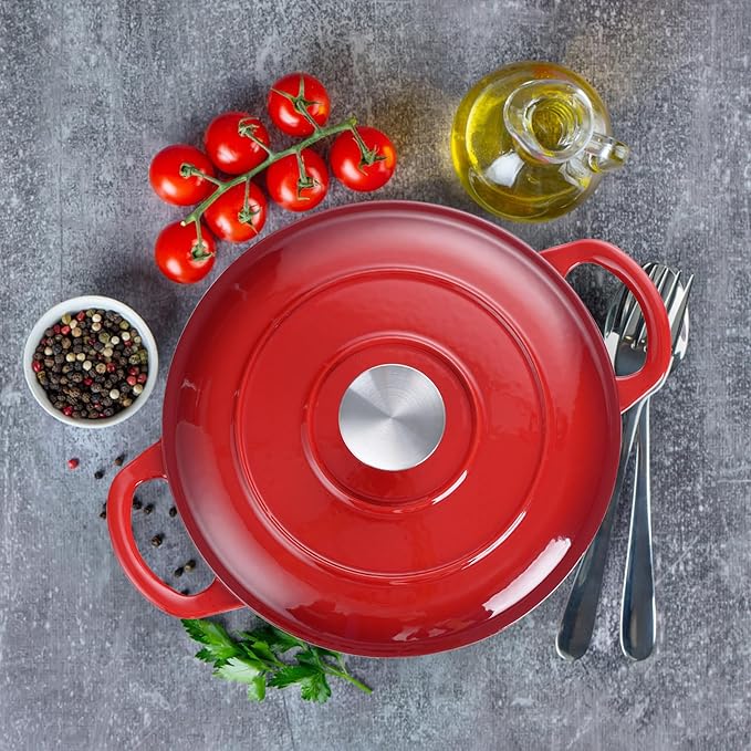 3 Qt Enameled Cast Iron Dutch Oven with Lid, E-far Small Round Nonstick Dutch Oven Pot for Bread Baking Braising Stews Roasting Cooking, Heavy Duty, Induction & Oven Safe - Red