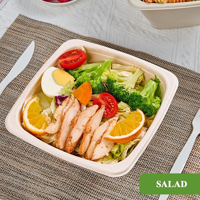 Vplus 150 Pack 32 OZ Paper Bowls Bulk, Square Disposable and Compostable, Eco-friendly Bagasse, Heavy-duty Bowls Perfect for Milk Cereals, Snacks, Salads