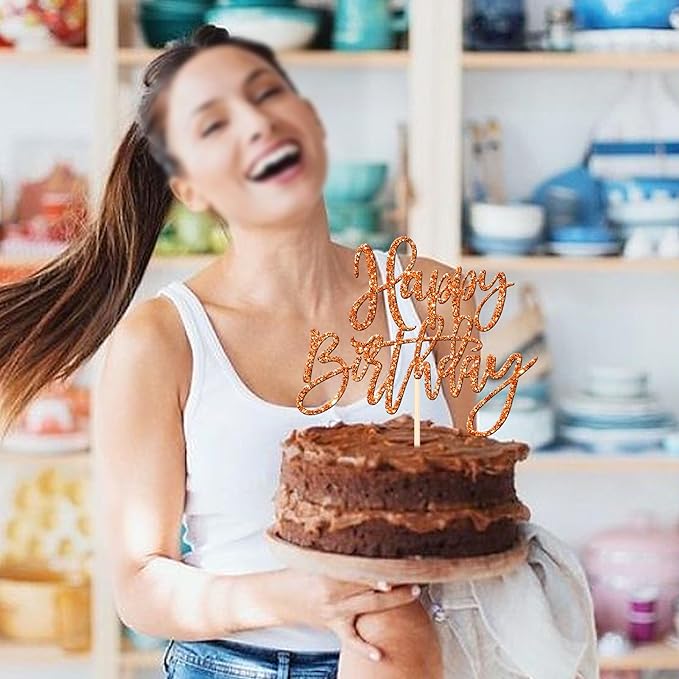 ZHUOWEISM 1 PCS Happy Birthday Cake Topper Glitter Happy Birthday Cake Pick for Celebrating Happy Birthday Anniversary Theme Party Cake Decorations Supplies Orange