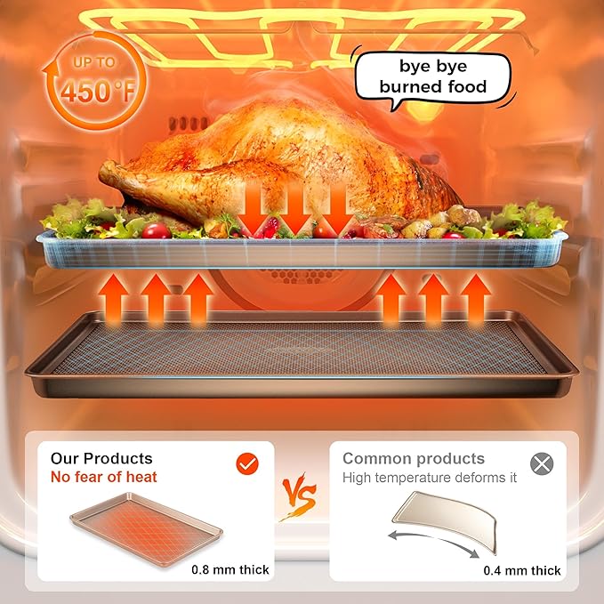 HONGBAKE Baking Sheet Pan Set of 3, Cookie Sheets for Oven, Nonstick Half/Quarter/Jelly Roll Pans with Diamond Texture Pattern, 0.8mm Thick Heavy Duty Cookie Tray, Champagne Gold