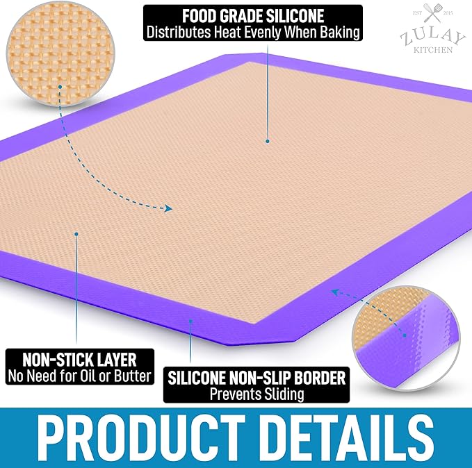 Zulay Kitchen (2 Pack) Silicone Baking Mat Sheet Set - Reusable Baking Mat Nonstick - Half Sheet Baking Mat For Oven - 16.5" x 11.6" (Purple)