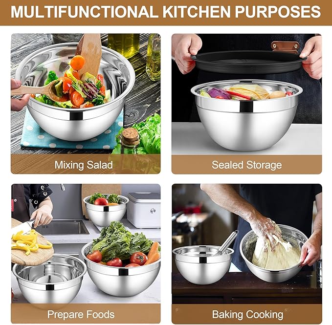LIANYU Mixing Bowls with Airtight Lids Set, 6 Piece Stainless Steel Metal Kitchen Nesting Bowl, Size 7, 3.5, 2.5, 2, 1.5, 1QT for Prepping, Baking & Food Storage, Dishwasher & Freezer Safe, Khaki