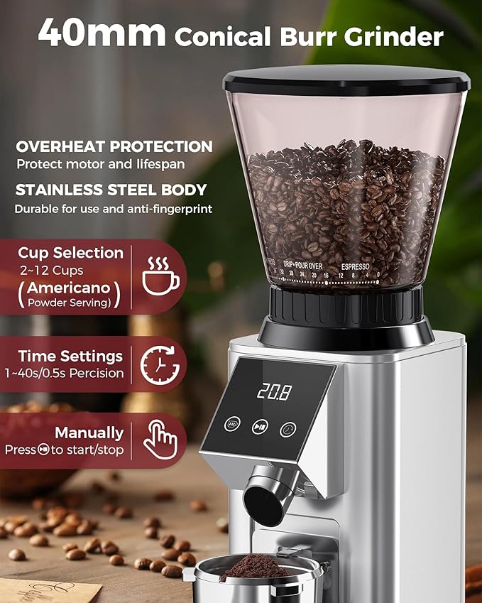 Tuni G1 Conical Burr Coffee Grinder, 48 Grind Settings Anti-static Burr Mill, Precision Electronic Timer and LED Touchscreen for Espresso/Drip/Cold Brew/French Press, Stainless Steel, Silver