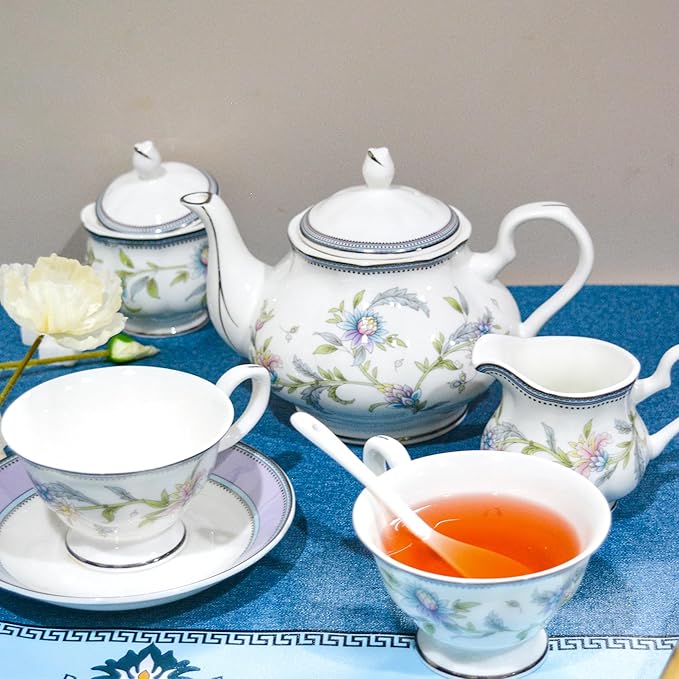 Bone China Tea Set, 21-Pieces Porcelain Tea Set for Adults, Tea Cups And Saucers for 6, with Teapot, Spoons, Sugar Bowl, Creamer Pitcher, Vintage Tea Set for Women Tea Party (Purple)