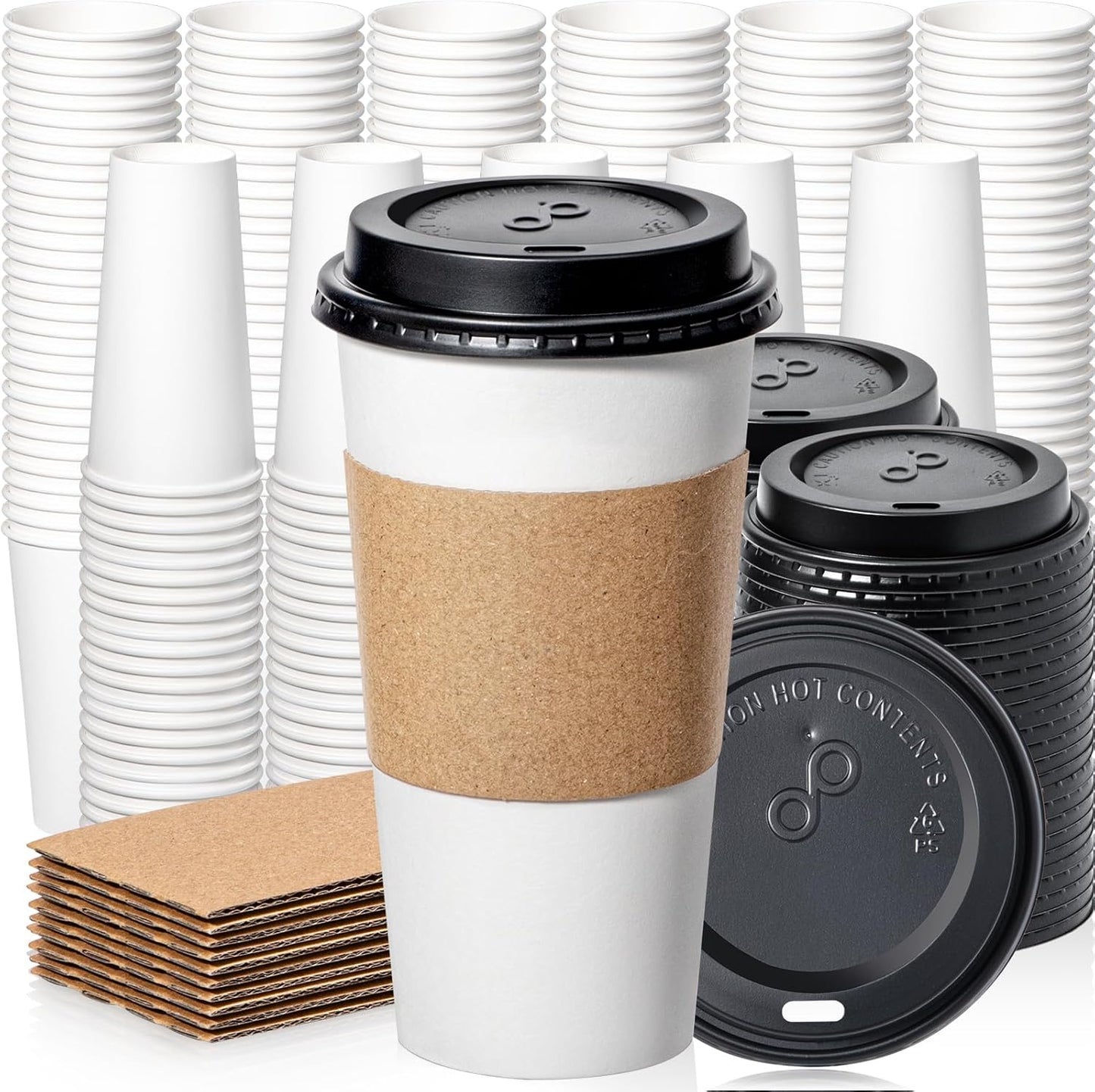 Fit Meal Prep 500 Pack 20 oz Disposable Coffee Cups with Lids, Sleeves, Leak-Proof To Go Coffee Cups with Lids, Durable Paper Cups for Hot Beverage, Home, Office, Party